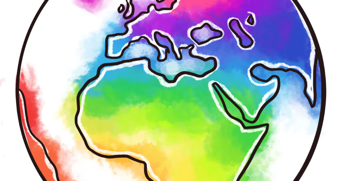 Een illustratie van een wereldbol in regenboogkleuren, als illustratie bij dit artikel over de Intense World Theory