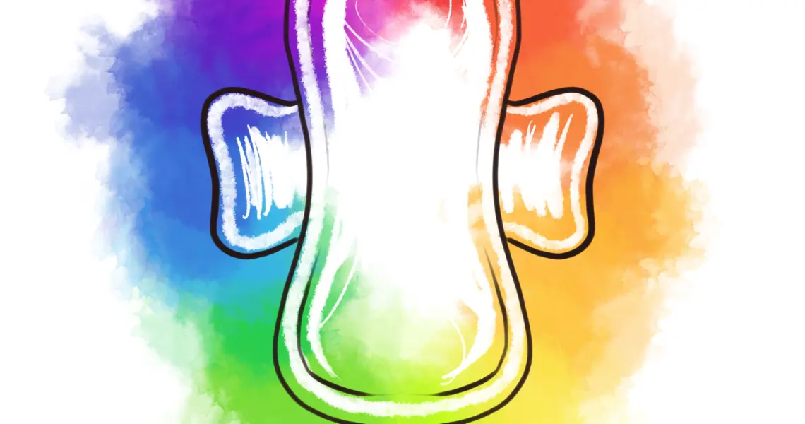 Een illustratie van maandverband in regenboogkleuren.